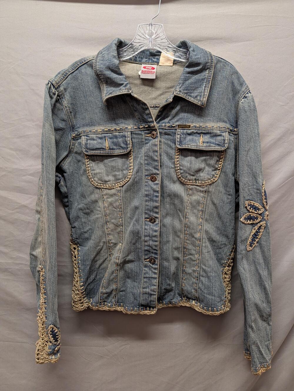 Parasuco Denim Jacket Womens XL Blue Crochet Trim Embroidered Applique Boho